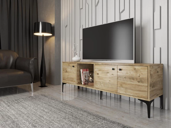 Wood'n Love Hira 160 Cm Metal Ayaklı Tv Ünitesi - Atlantik Çam / Siyah ürün görseli 1