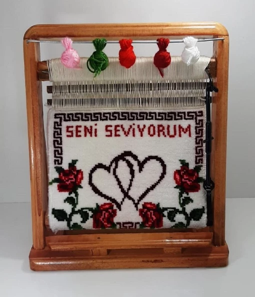 100tel Seni Seviyorum Motifli El Dokuması Hediyelik Minyatür Halı ürün görseli 1