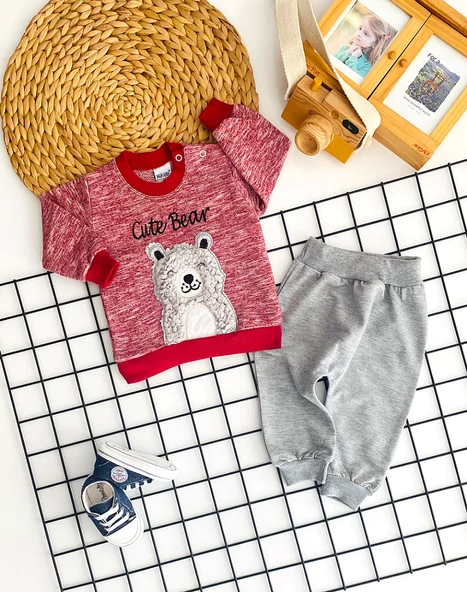 Neşeli Bebekler Cute Bear Kabartma Desen Penye Takım ürün görseli 1