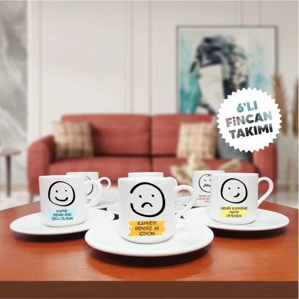 Karikatür Suratlar Temalı 6'lı Kahve Fincan Seti-008 ürün görseli 1