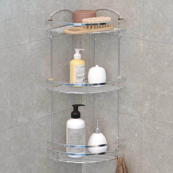 TEKNOTEL ÜÇ KATLI BANYO KÖŞE RAFI KANCALI KROM LM009H ürün görseli 1