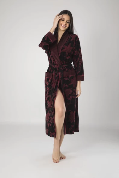 Siyah Bordo Jakarlı Bambu Cotton Bayan Sabahlık ürün görseli 1