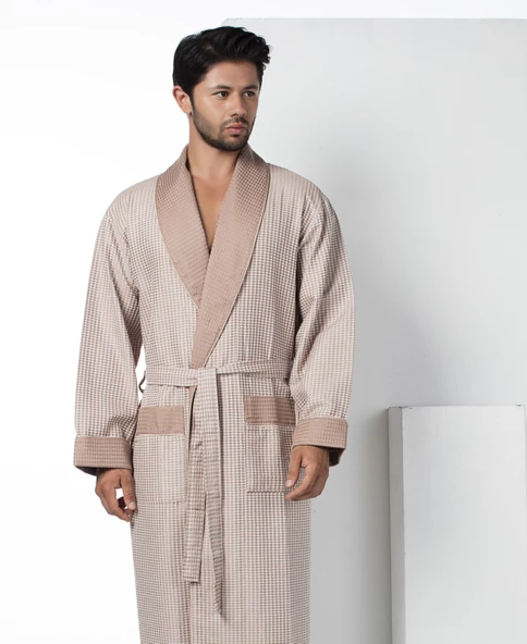 Bej Kısa Şalyaka Kareli Pike Bambo Cotton Erkek Sabahlık ürün görseli 1