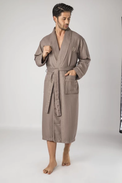 Bej Nakışlı Pike Bambo Cotton Erkek Sabahlık ürün görseli 1