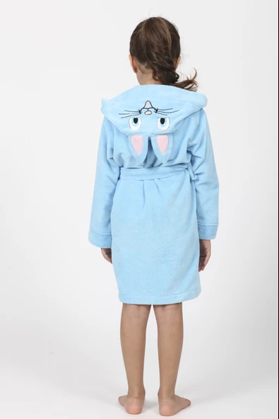 Mavi Kedi Nakış Bambu Cotton Çocuk Bornozu - Resim 2