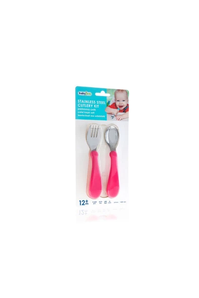 Babyjem Paslanmaz Çelik Çatal Kaşık Seti / Pembe - Resim 7