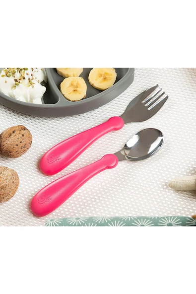 Babyjem Paslanmaz Çelik Çatal Kaşık Seti / Pembe - Resim 3