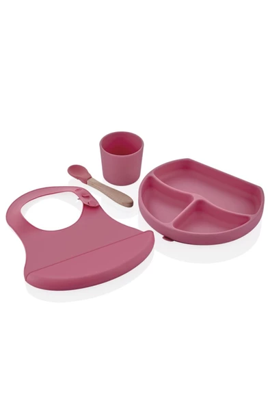 Babyjem Silikon Beslenme Seti Pembe - Bpa Içermeyen Silikon Önlük & Tabak & Bardak & Kaşık ürün görseli 1