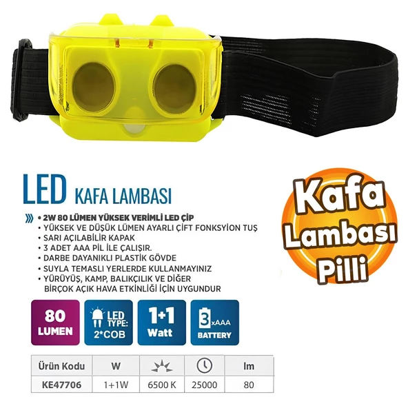 Pilli Ledli 3 Fonksiyonlu Kafa Lambası Kamp Kafa Feneri Kapaklı 1+1 W ürün görseli 1