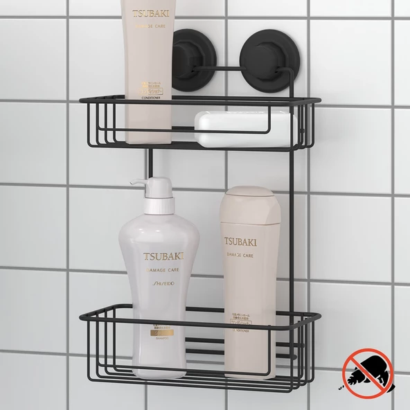 TEKNOTEL DELME VİDA MATKAP YOK! VAKUMLU İKİ KATLI BANYO RAFI MAT SİYAH DM256 ürün görseli 1
