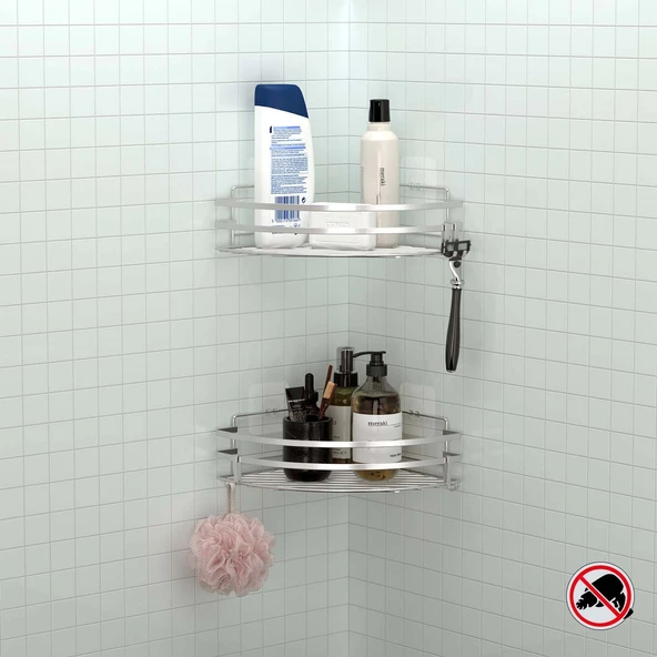 TEKNOTEL YAPIŞKANLI KANCALI 2 ADET BANYO KÖŞE RAFI SİLVER ST207H ürün görseli 1