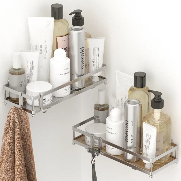 TEKNOTEL YAPIŞKANLI KANCALI 2li BANYO&MUTFAK RAFI SİLVER ST280H ürün görseli 1