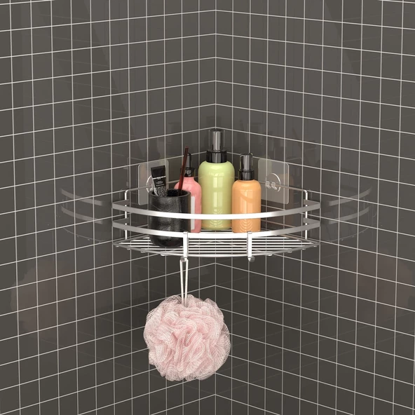 TEKNOTEL YAPIŞKANLI KANCALI BANYO KÖŞE RAFI SİLVER ST107H ürün görseli 1