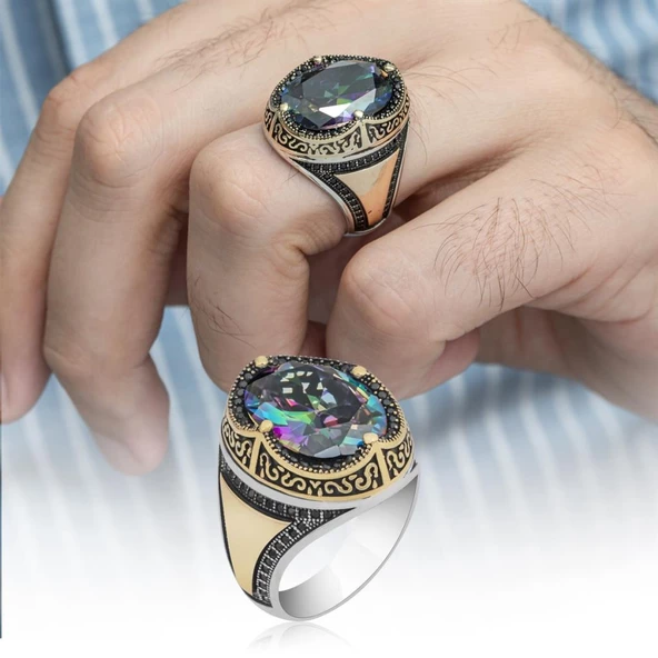 Oval Mistik Topaz Taşlı 925 Gümüş Erkek Yüzük ürün görseli 1