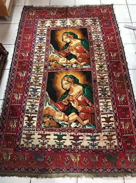 Meryem Ana - İsa Desenli El Dokuma Kilim Halı  114x187 cm ürün görseli 1