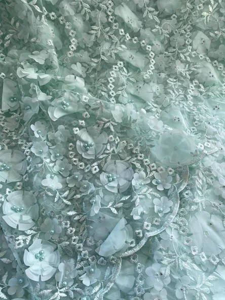 3D Çiçek İşlemeli Dantelli Elbise Kumaşı Yeşil 130cm x 11m ürün görseli 1