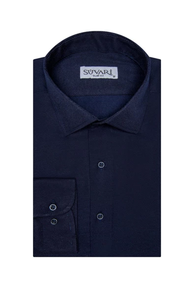 Slim Fit Armür Desenli Lacivert Erkek Gömlek ürün görseli 1