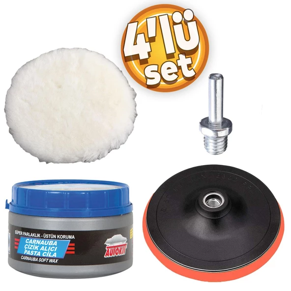 Pasta Cila Polisaj Parlatma Yünü Pedi Keçesi Süngeri+115 mm Cırt Taban+Matkap Aparatı+Oto Pasta Cila 300 Gr (4'Lü SET) ürün görseli 1