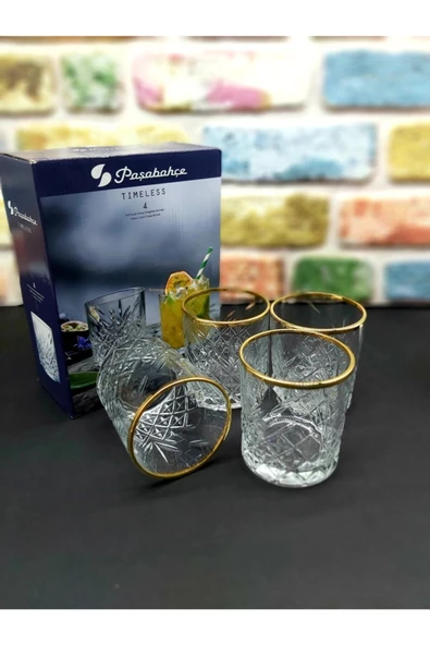 Paşabahçe timeless su bardak - 4 lü yaldızlı su - viski bardağ gold ağızlı 52790 ürün görseli 1