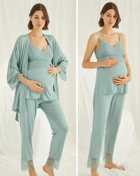 Monamise 18469 Yeşil Hamile Lohusa 3 Lü Pijama Sabahlık Tk ürün görseli 1