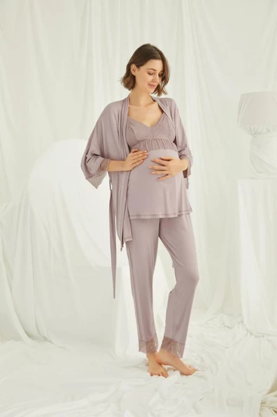 Monamise 18431 Vizon Hamile Lohusa 3 Lü Pijama Sabahlık Tk ürün görseli 1