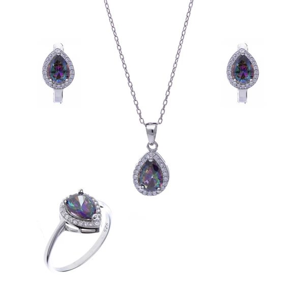Damla Model Mistik Topaz Taşlı 925 Ayar Gümüş Kadın Üçlü Set ürün görseli 1