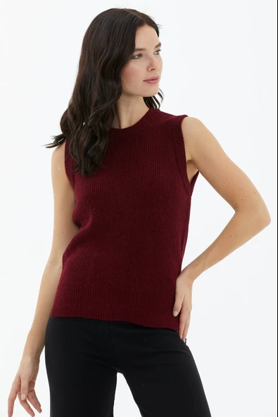 Sıfır Yaka Triko Süveter - Bordo - Resim 2
