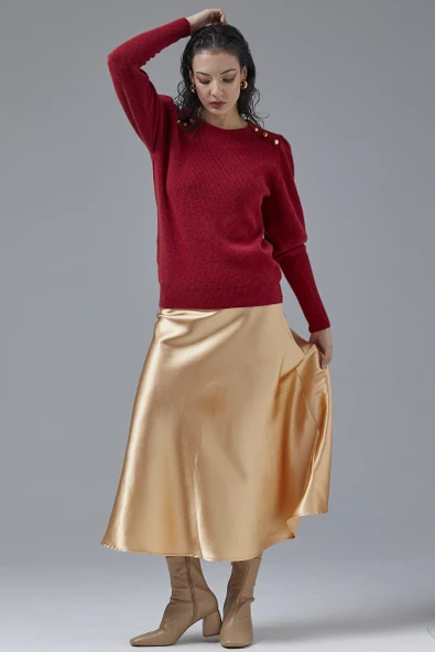 Sıfır Yaka Omuzları Düğmeli Triko Kazak - Kırmızı ürün görseli 1