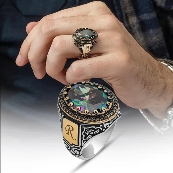 Oval Mistik Topaz Taşlı Harfli 925 Gümüş Erkek Yüzük ürün görseli 1
