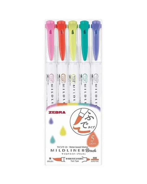 Zebra Mildliner Fırça Uçlu Fosforlu Kalem 5li WFT8 5CHC ürün görseli 1