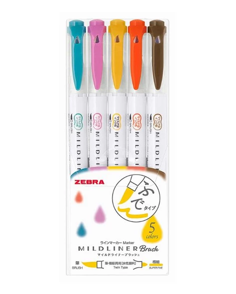 Zebra Mildliner Fırça Uçlu Fosforlu Kalem 5li WFT8 5CRC Model 3 ürün görseli 1