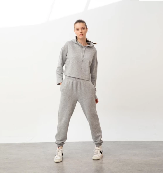 Nors Bolthor Kapüşonlu Crop Sweatshirt Açık Gri Melanj ürün görseli 1