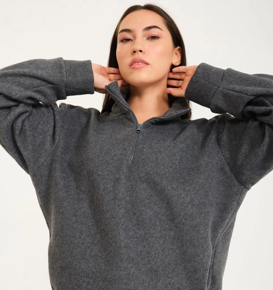 Nors Vanir Basic Yarım Fermuarlı Polar Sweatshirt Gri - Resim 6