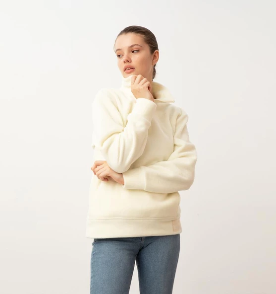 Nors Vanir Basic Yarım Fermuarlı Polar Sweatshirt Ekru - Resim 5