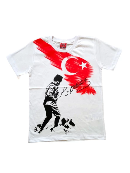 Çocuk Beyaz Atatürk Kocatepe ve Türkiye Bayrak Baskılı Tişört ürün görseli 1