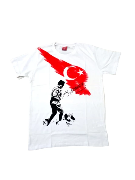 Beyaz Atatürk Kocatepe ve Türkiye Bayrak Baskılı Tişört ürün görseli 1