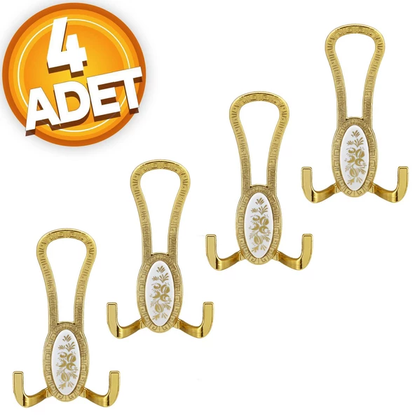 Palmira Portmanto Vestiyer Duvar Askısı Metal Dolap Elbise Askılığı Gold Beyaz Desenli (4 Adet) ürün görseli 1