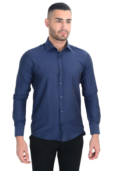 Cengiz İnler Standart  Petek Doku Cepsiz  Slim Fit Erkek Gömlek ürün görseli 1
