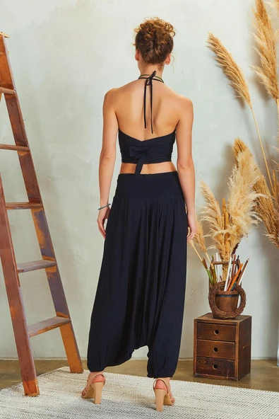 Drape Detay Beli Lastikli Şalvar Pantolon - Resim 5