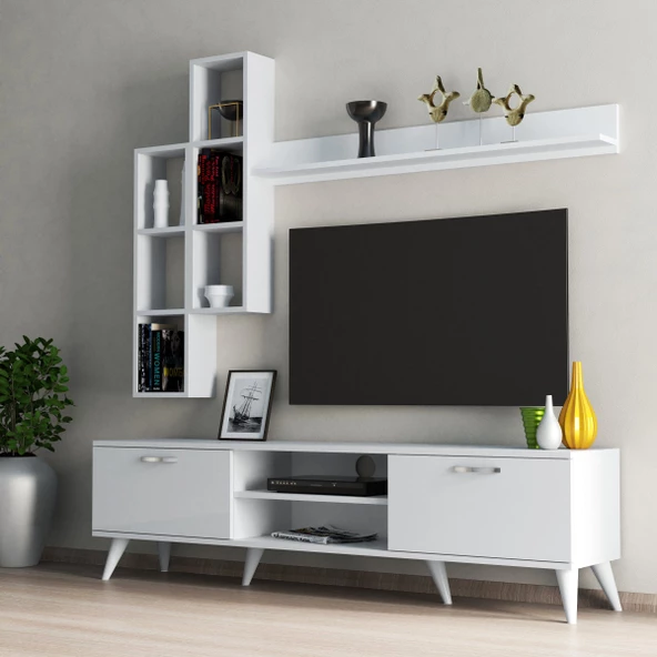 Mega 180 lik Kitaplıklı Raflı Tv Ünitesi Beyaz - TVU0301 ürün görseli 1