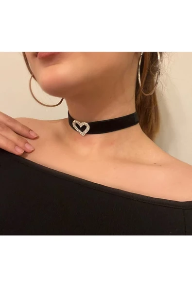 Zirkon Taşlı Choker Boş Kalp Detay Kadife Tasma Kolye ürün görseli 1
