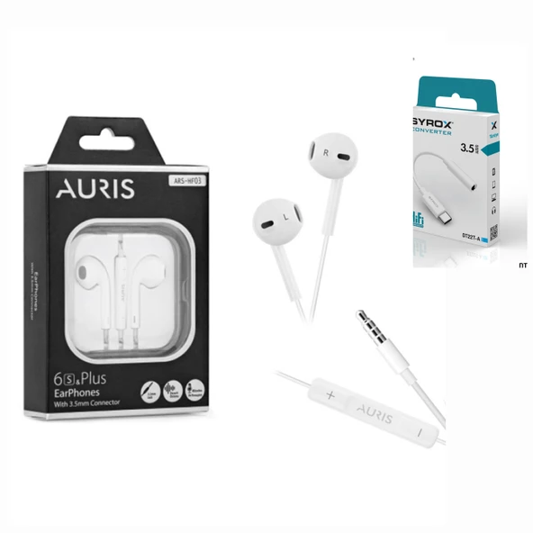 Auris HF03 3.5mm Jack Konektörlü Kablolu Kulaklık + Syrox DT22T-A Type-C Kulaklık Çevirici & Dönüştürücü Aparatı 3.5mm Jack ürün görseli 1