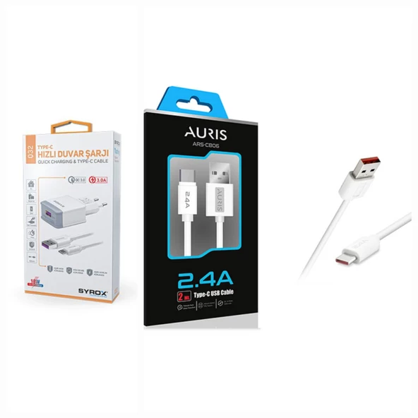 Syrox Type-C Girişli Hızlı Şarj Cihazı Seti + Auris CB06 2m USB To Type-C Kablo 3.4A ürün görseli 1