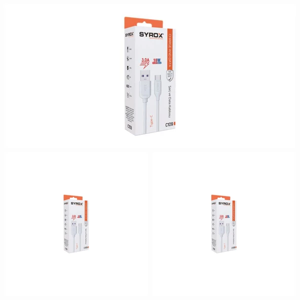 3 Adet - Syrox C109 Type-C Quick Şarj Kablosu, Data Kablosu 3.0A 18W ürün görseli 1