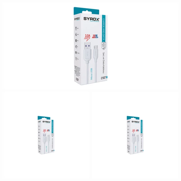 3 Adet - Syrox C107 18W Micro USB Hızlı Şarj & Data Kablosu ürün görseli 1