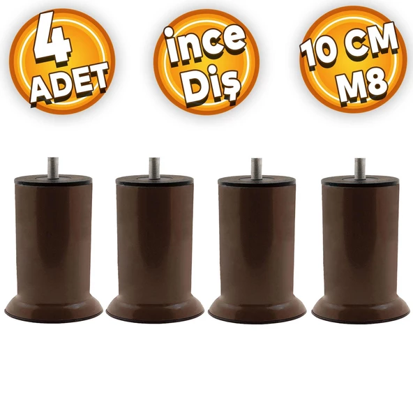 Mobilya Koltuk Kanepe Dolap Baza Yatak Yükseltme Ayağı Ince Diş M8 Metal Kahve Ayakları 10 Cm 4 Adet ürün görseli 1