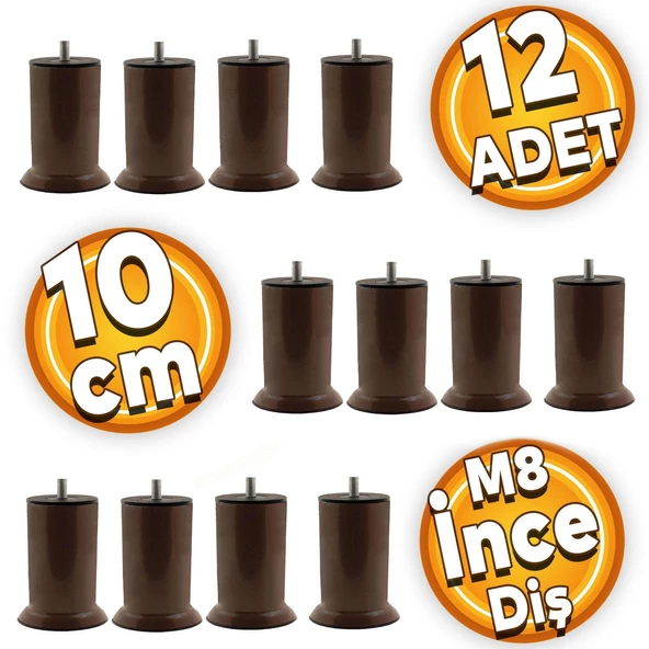 Mobilya Baza Koltuk Kanepe Dolap Yükseltme Ayağı Ayakları Ince Diş Metal M8 Kahverengi 10 Cm 12 Adet ürün görseli 1