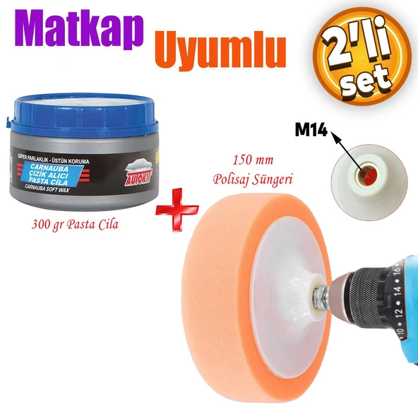 Pasta Cila Polisaj Süngeri Zımpara Tabanlı Turuncu 150 mm M14 Uyumlu+Oto Pastası 300 Gr (2'Li SET) ürün görseli 1