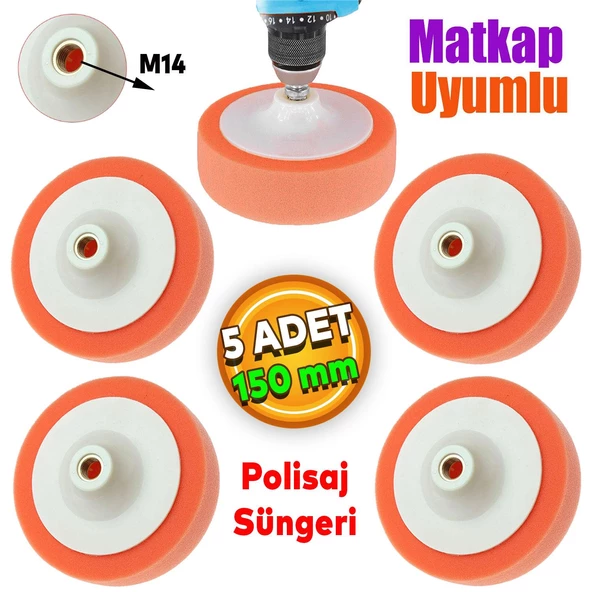 Pasta Cila Polisaj Süngeri Zımpara Tabanlı Turuncu 150 mm M14 Uyumlu (5 ADET) ürün görseli 1