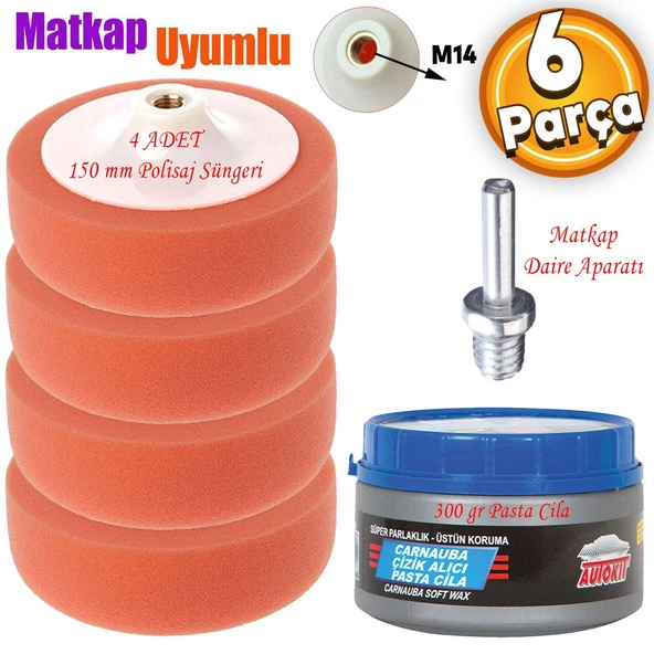 Pasta Cila Polisaj Süngeri Zımpara Tabanlı Turuncu 150 mm+Oto Pastası+M14 Matkap Aparatı (6 PARÇA SET) ürün görseli 1